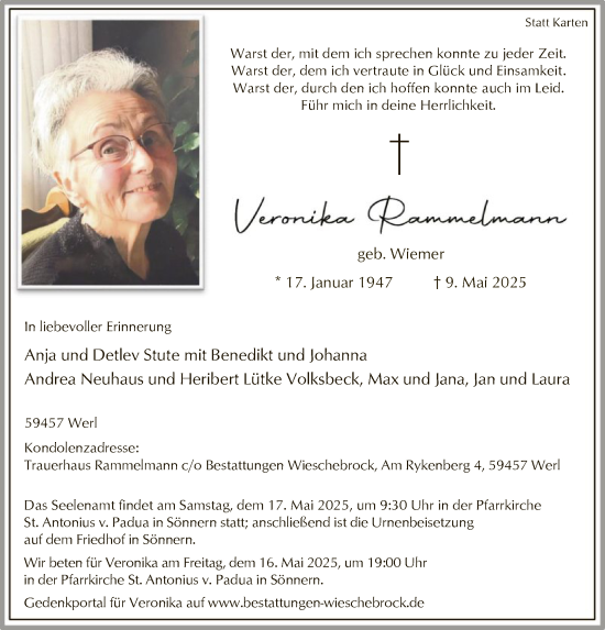 Todesanzeige von Veronika Rammelmann von WA