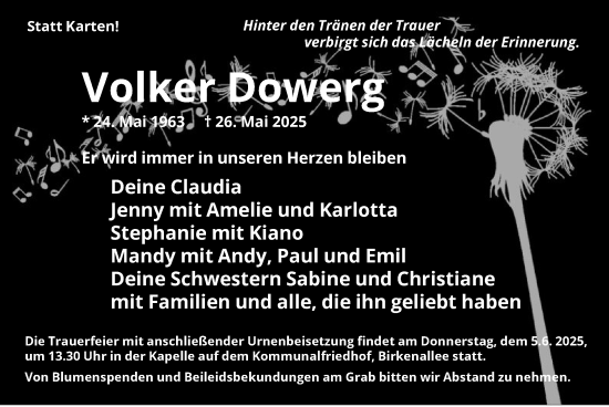Todesanzeige von Volker Dowerg von HAWA