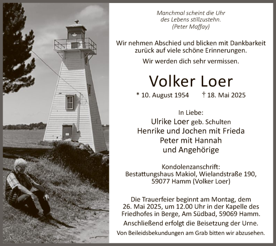 Todesanzeige von Volker Loer von HAWA