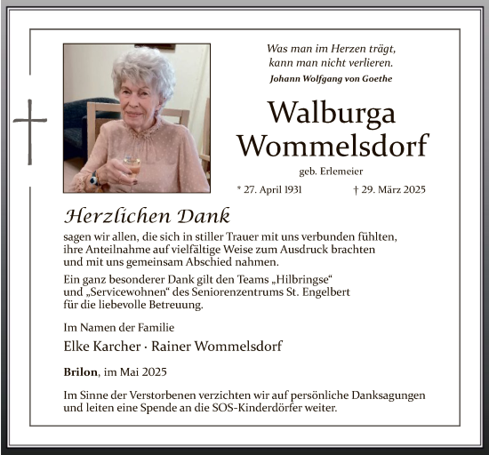 Todesanzeige von Walburga Wommelsdorf von WA