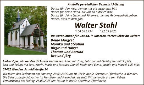 Todesanzeige von Walter Stahl von WA