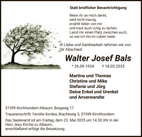 Todesanzeige von Walter Josef Bals von HASK