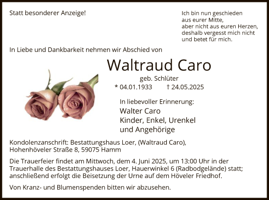 Todesanzeige von Waltraud Caro von HAWA