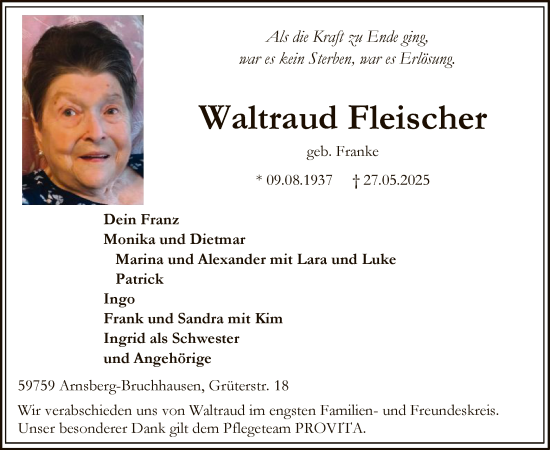 Todesanzeige von Waltraud Fleischer von HASK