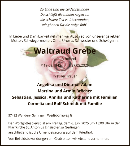 Todesanzeige von Waltraud Grebe von HASK