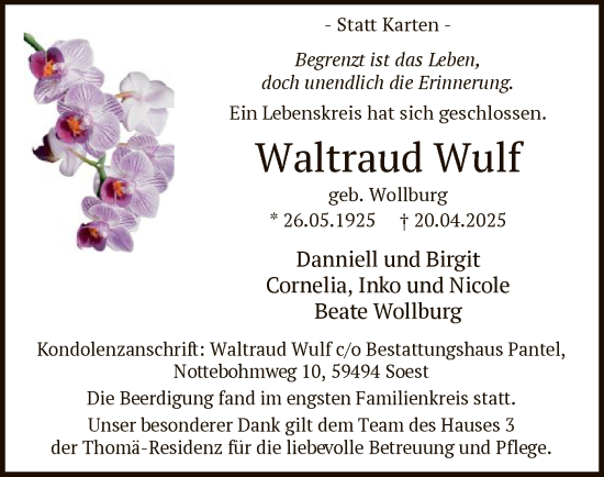 Todesanzeige von Waltraud Wulf von WA