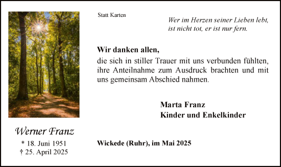 Todesanzeige von Werner Franz von HASO