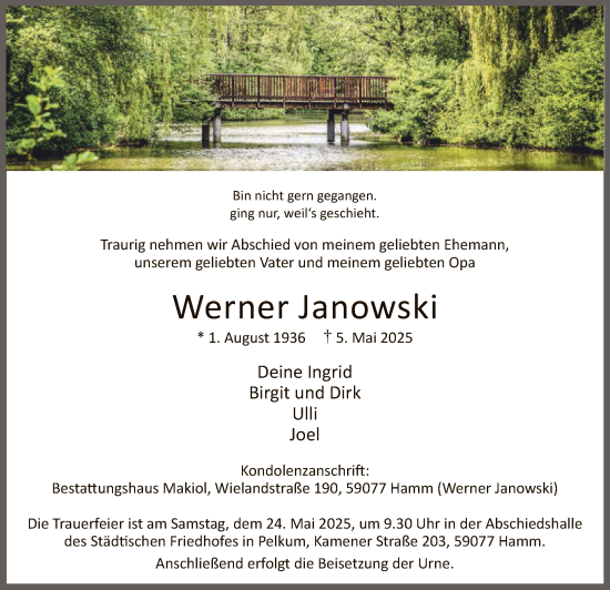 Todesanzeige von Werner Janowski von WA