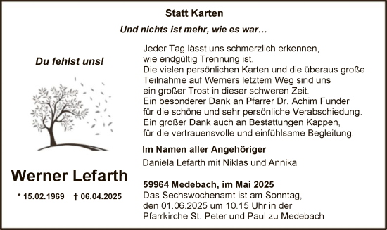 Todesanzeige von Werner Lefarth von HASK