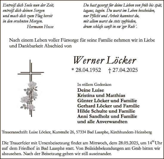Todesanzeige von Werner Locker von HASK