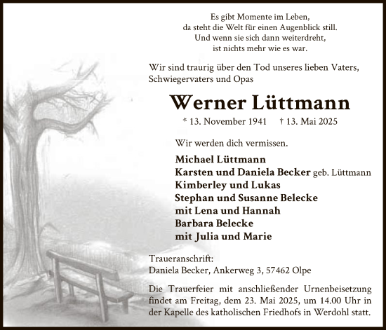 Todesanzeige von Werner Lüttmann von WA