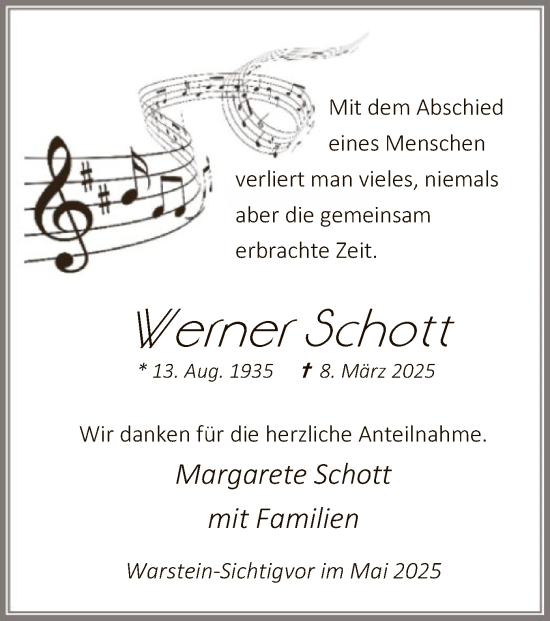 Todesanzeige von Werner Schott von WA