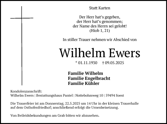 Todesanzeige von Wilhelm Ewers von WA