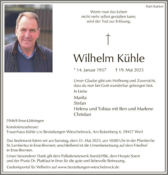 Todesanzeige von Wilhelm Kühle von HASO