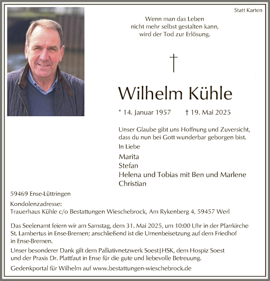 Todesanzeige von Wilhelm Kühle von HASK