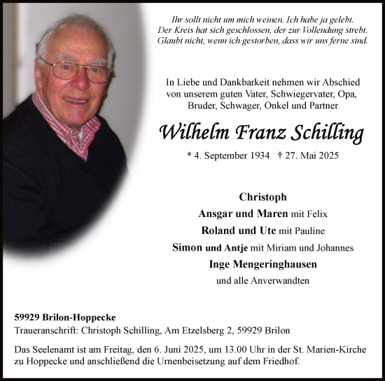 Todesanzeige von Wilhelm Franz Schilling von HASK