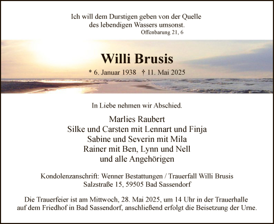 Todesanzeige von Willi Brusis von WA
