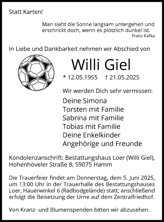 Todesanzeige von Willi Giel von HAWA