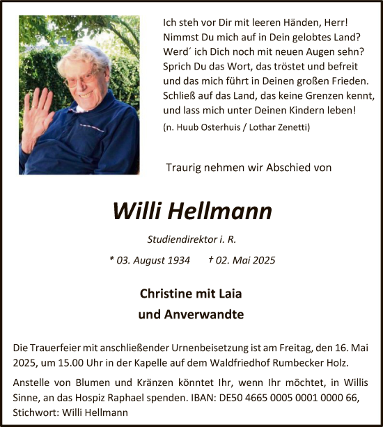 Todesanzeige von Willi Hellmann von WA