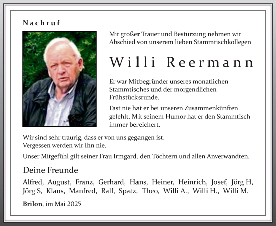 Todesanzeige von Willi Reermann von WA