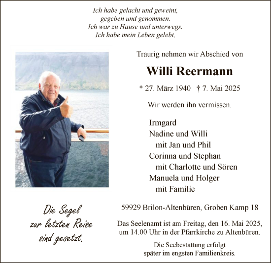 Todesanzeige von Willi Reermann von WA