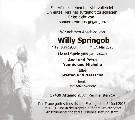 Todesanzeige von Willy Springob von HASK