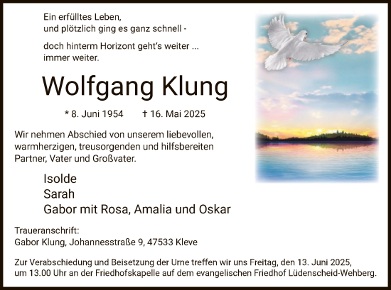 Todesanzeige von Wolfgang Klung von HALN
