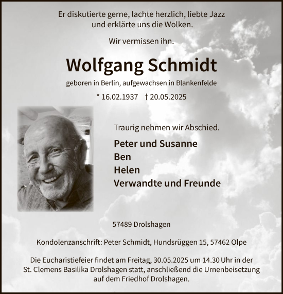 Todesanzeige von Wolfgang Schmidt von HASK