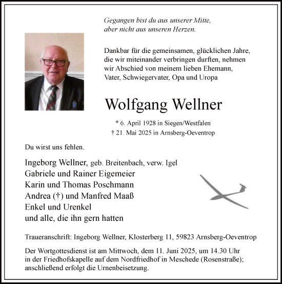 Todesanzeige von Wolfgang Wellner von HASK