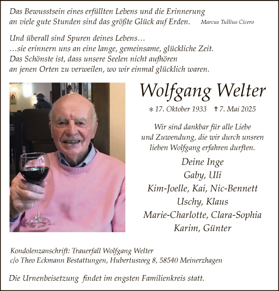 Todesanzeige von Wolfgang Welter von WA