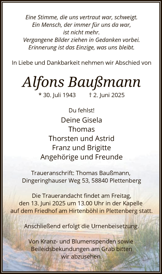Todesanzeige von Alfons Baußmann von HALN