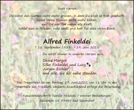 Todesanzeige von Alfred Finkeldei von HASO