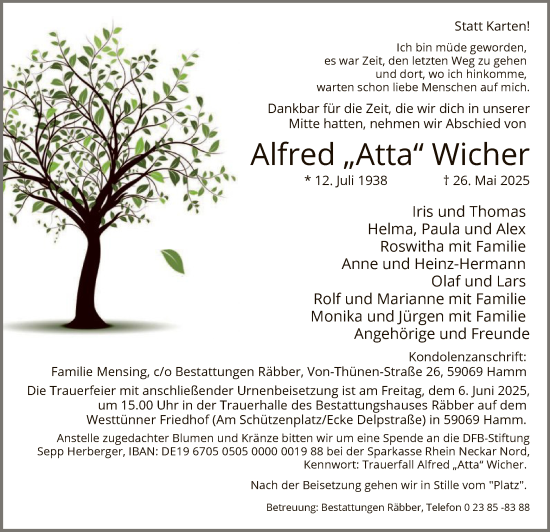 Todesanzeige von Alfred Wicher von HAWA