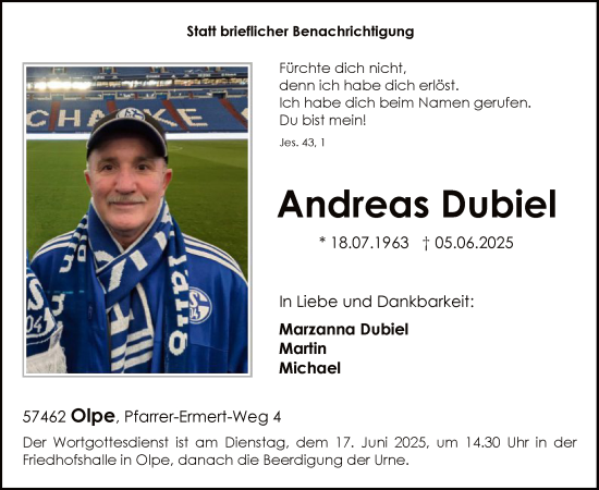 Todesanzeige von Andreas Dubiel von HASK