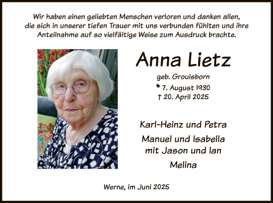 Todesanzeige von Anna Lietz von HAWA