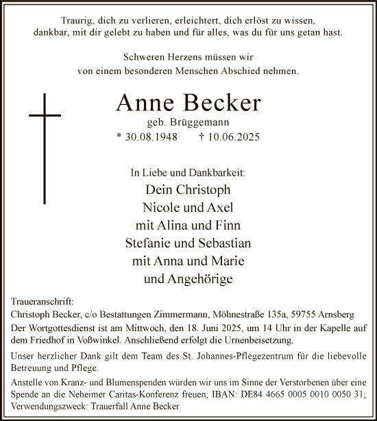 Todesanzeige von Anne Becker von HASK