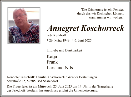 Todesanzeige von Annegret Koschorreck von HASO