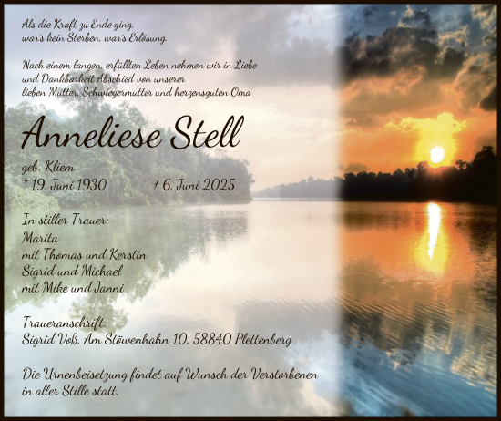 Todesanzeige von Anneliese Stell von HALN
