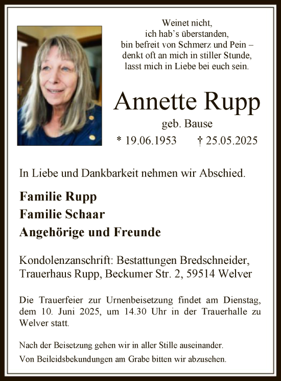 Todesanzeige von Annette Rupp von HASO