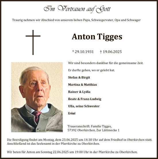 Todesanzeige von Anton Tigges von HASK