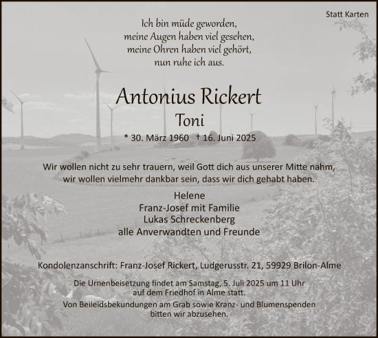 Todesanzeige von Antonius Rickert von HASK