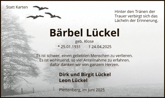 Todesanzeige von Bärbel Lückel von HALN