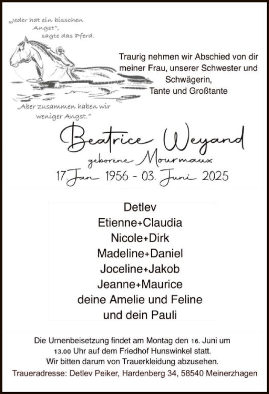 Todesanzeige von Beatrice Weyand von HALN