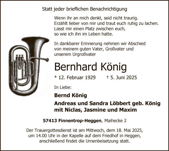 Todesanzeige von Bernhard König von HASK