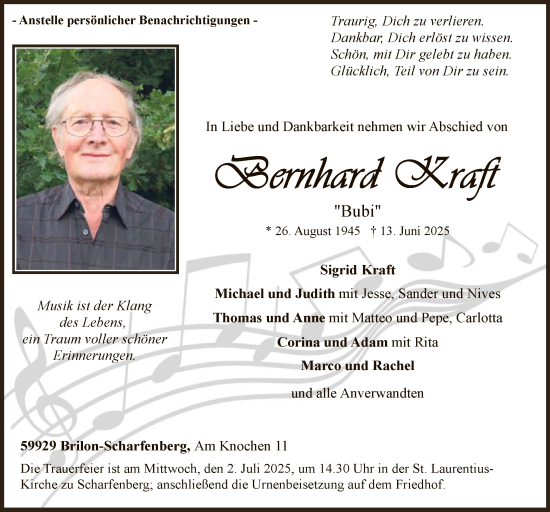 Todesanzeige von Bernhard Kraft von HASK