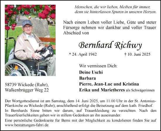 Todesanzeige von Bernhard Richwy von HASO