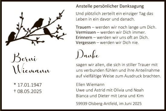 Todesanzeige von Berni Wiemann von HASK