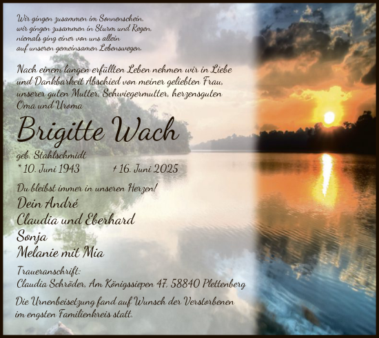 Todesanzeige von Brigitte Wach von HALN