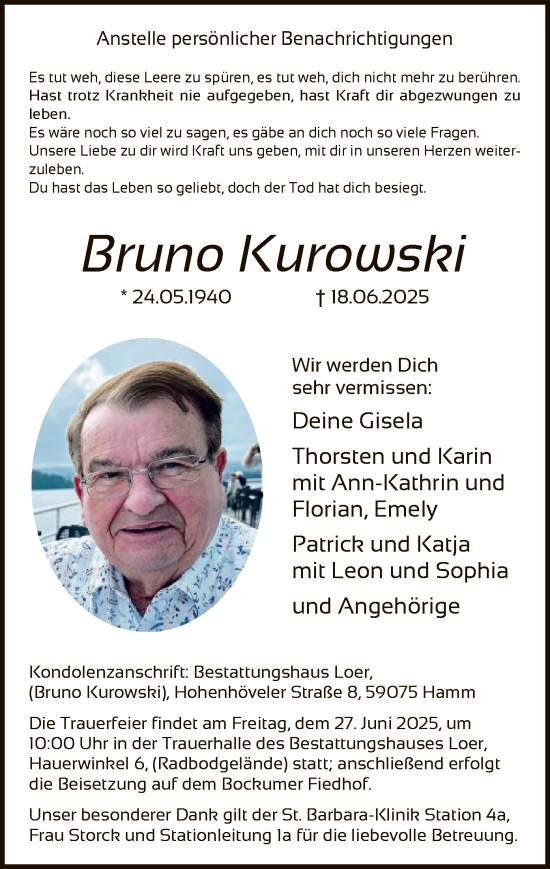 Todesanzeige von Bruno Kurowski von HAWA