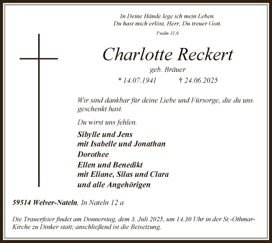 Todesanzeige von Charlotte Reckert von HASO